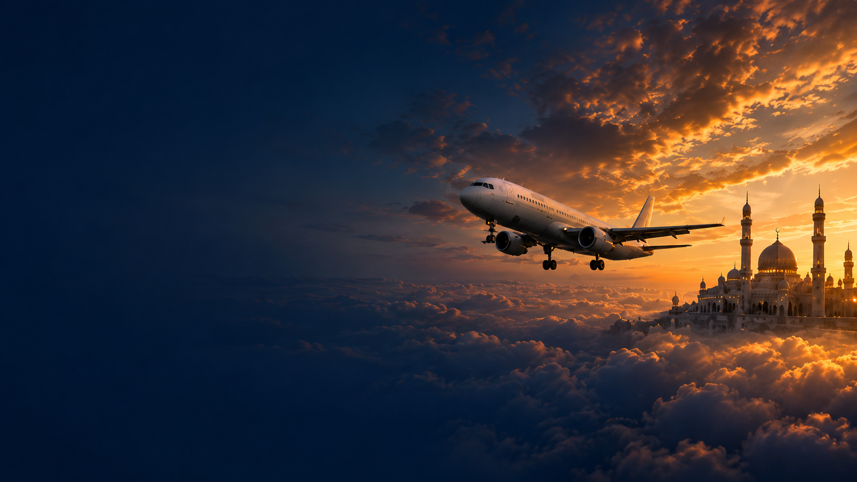 Airplane flying above the clouds at sunset toward a mosque skyline